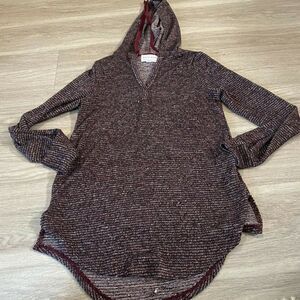 Olive + Oak Womens Burgundy Striped Long Sleeve V Neck Pullover Hoodie Size XS